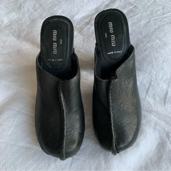 Vintage Miu Miu 1996 Leather Shearling Stud Clog Mule Heels Black - Picture 4 of 8